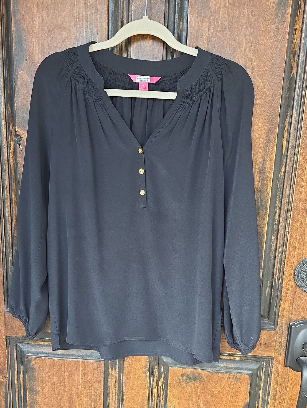 Lilly Pulitzer Black Smocked Yoke Long-Sleeve Blouse with Gold Buttons